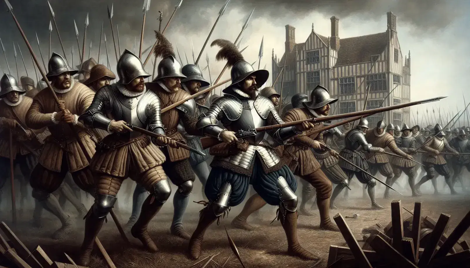 Elizabethan soldiers in armor clash with pikes and swords, one aiming a matchlock musket, against the backdrop of a grand manor house under a cloudy sky.