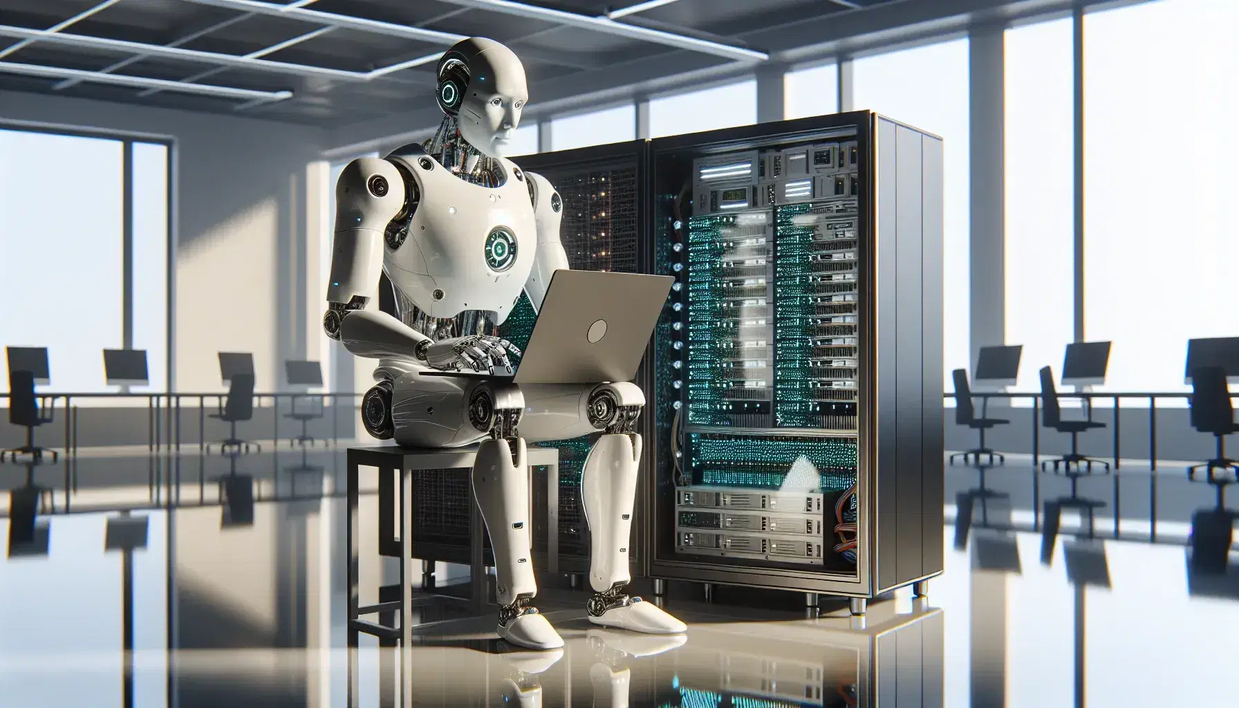 Robot umanoide bianco e grigio utilizza un laptop in un laboratorio di ricerca tecnologica moderno, con finestra e luci LED sullo sfondo.