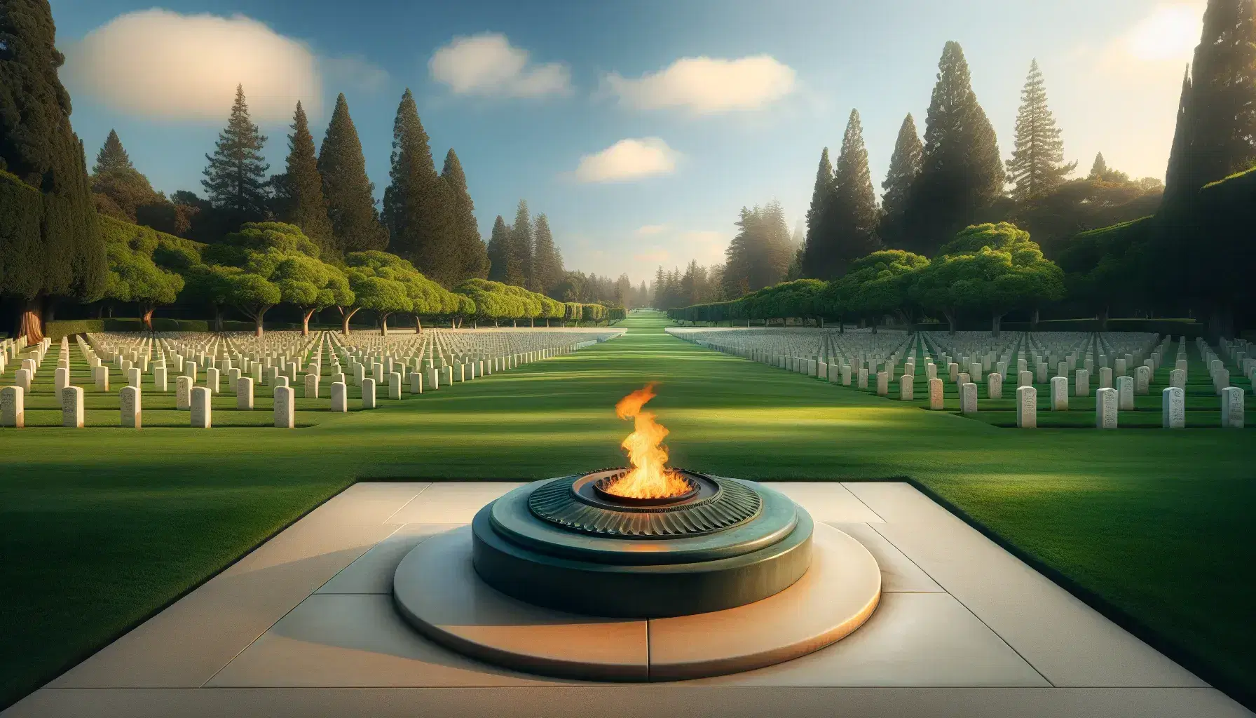 Eternal flame flickers at a peaceful cemetery with rows of white headstones, lush trees, and a clear blue sky, conveying tranquility.