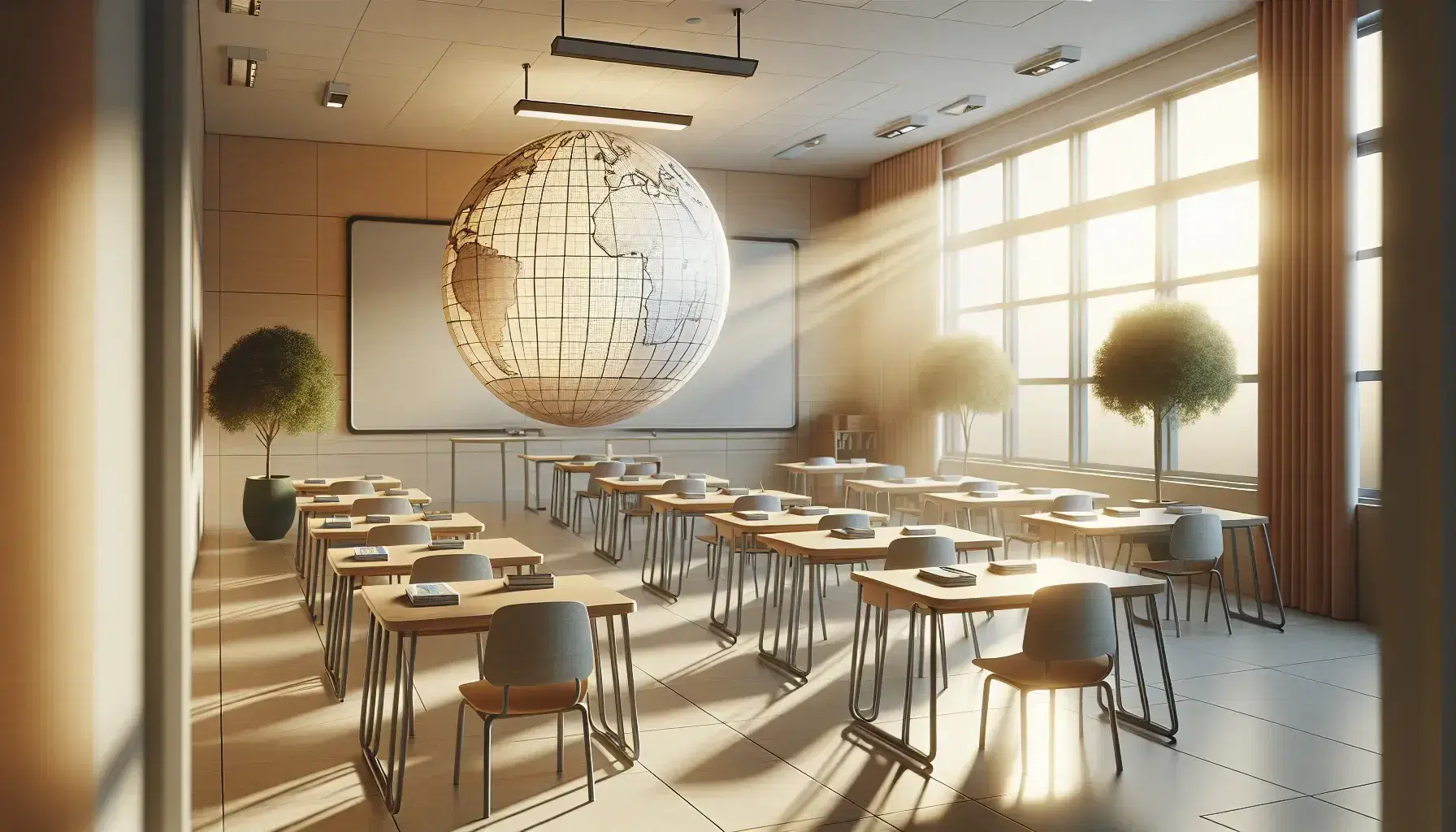 Aula vacía con mesas y sillas en semicírculo enfocadas hacia un globo terráqueo iluminado, pizarra blanca y planta verde al fondo, iluminación natural.