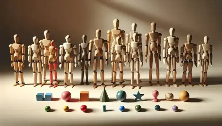 Grupo de seis muñecos articulados de madera en semicírculo con objetos geométricos coloridos en primer plano, sobre superficie lisa y clara.