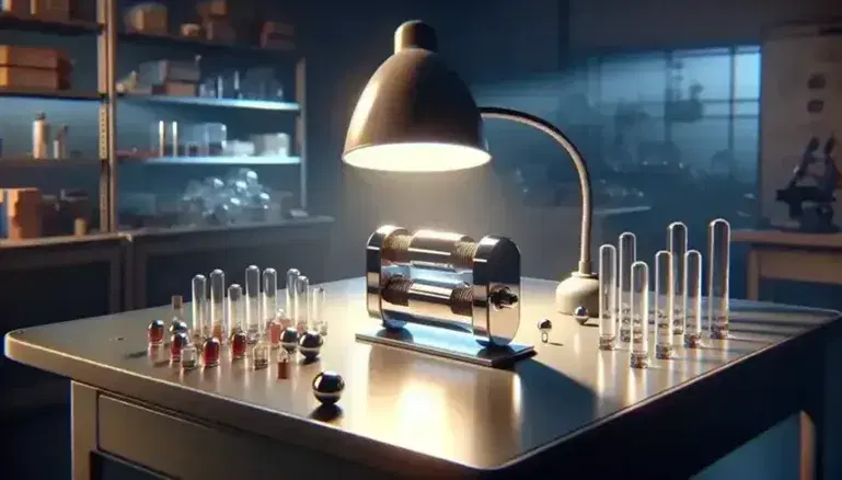 Laboratorio scientifico con condensatore piatto, lampada da tavolo, cilindri di vetro e sfera metallica su supporto trasparente.