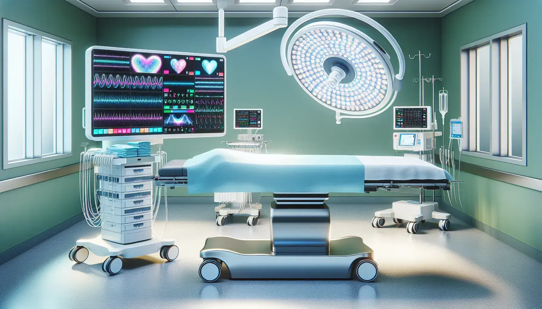 Sala de operaciones moderna con mesa quirúrgica metálica, carro de anestesia blanco y lámpara quirúrgica LED, sin personas, paredes verdes y suelo gris.