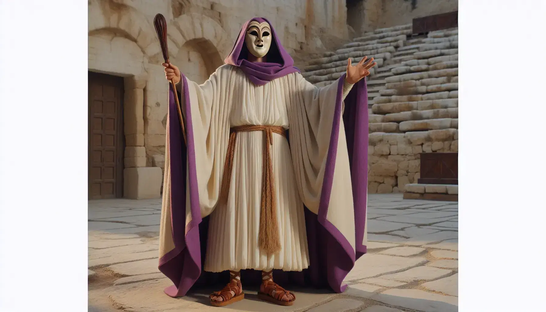 Attore in costume greco antico con tunica bianca, bordi viola e maschera teatrale su palcoscenico di pietra all'aperto.