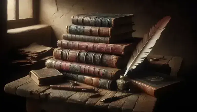 Messy stack of antique leather-bound books on dark wooden table, next to brass inkwell and quill pen, in room with adobe walls.