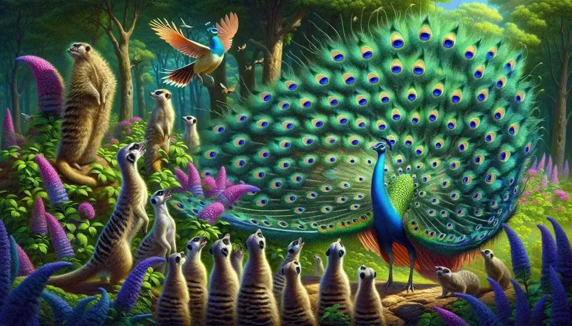 Vibrant forest scene with a male peacock displaying tail feathers to a female, attentive meerkats on alert, bees around purple flowers, and a singing songbird.