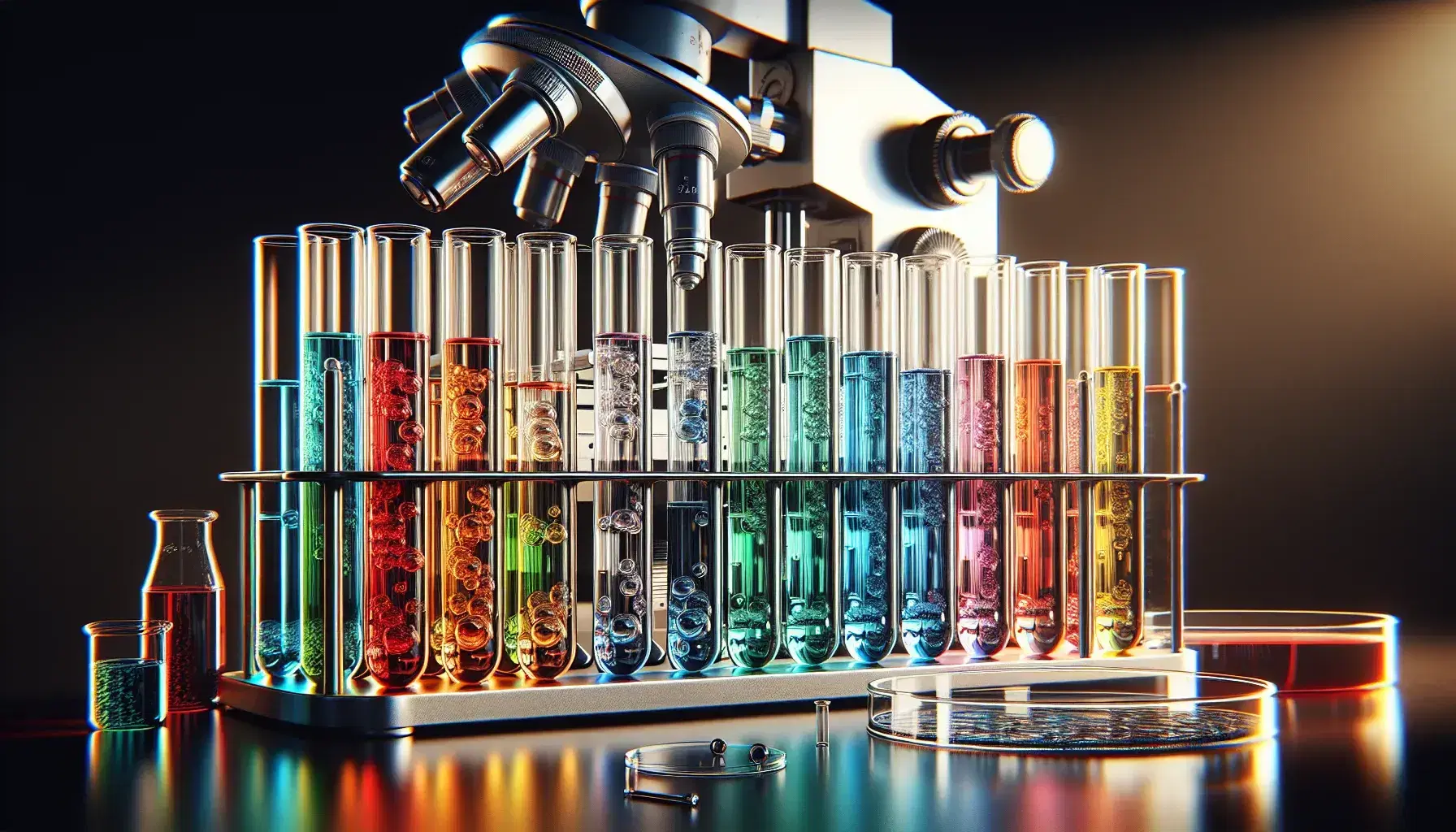 Tubos de ensayo de cristal con líquidos de colores del arcoíris en soporte metálico y microscopio plateado con detalles negros al fondo, junto a una placa de Petri.