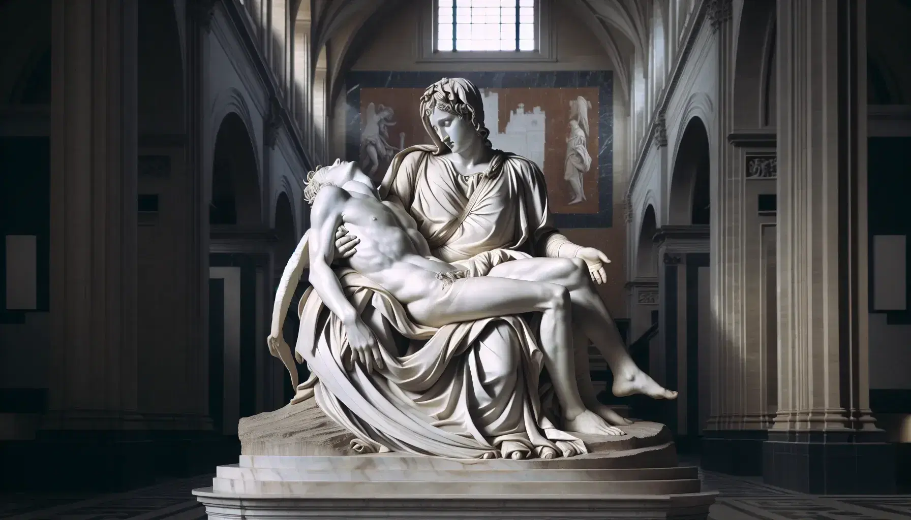 Scultura in marmo bianco raffigurante figura drappeggiata che sostiene un'altra in posa distesa, in una chiesa rinascimentale.