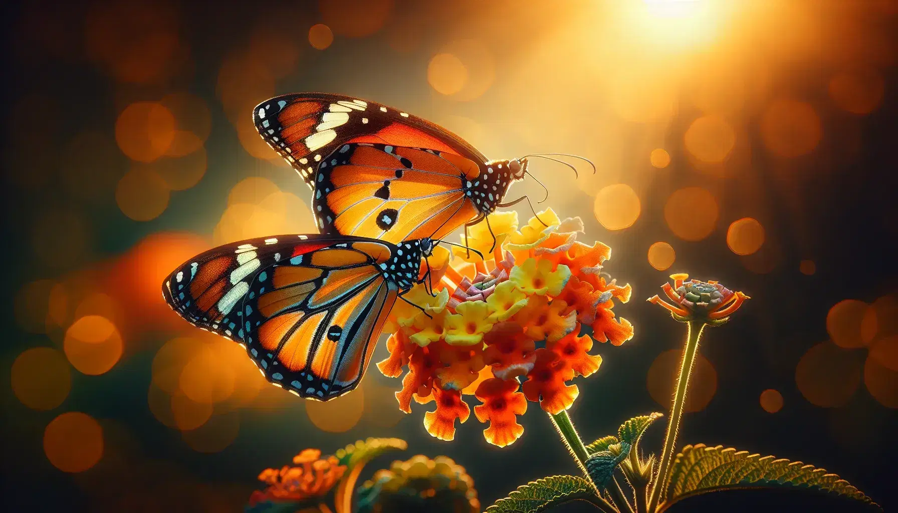 Farfalle Monarca su fiore di Lantana arancione e giallo, con ali aperte che mostrano il tipico pattern nero, arancione e bianco.