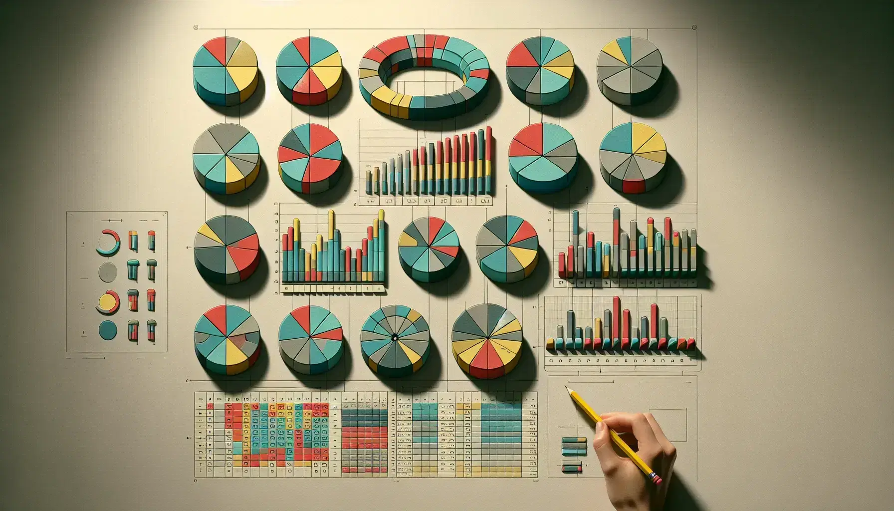 Gráficos circulares y de barras en colores variados con una mano señalando con lápiz y tabla de datos en tonos grises, representando análisis estadístico.