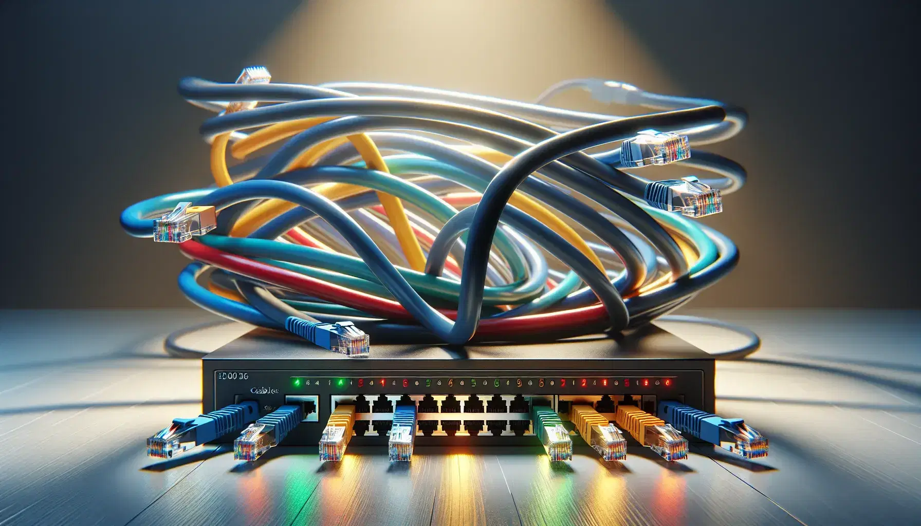 Cavi Ethernet colorati intrecciati con connettori RJ45 collegati a switch di rete con LED luminosi su superficie neutra.