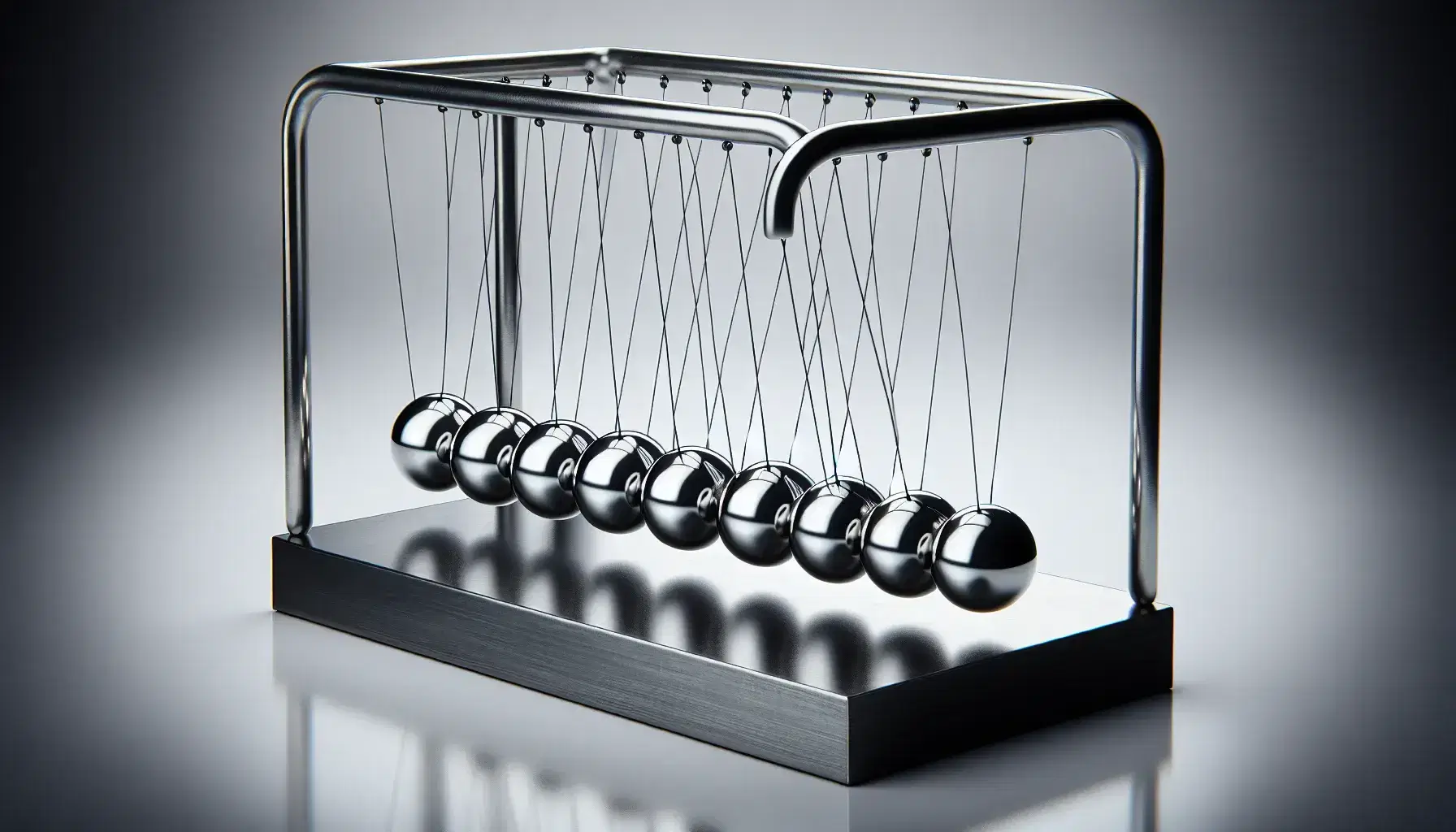 Newton's cradle with one steel ball suspended at peak height, poised to strike stationary balls against a white background, showcasing momentum conservation.