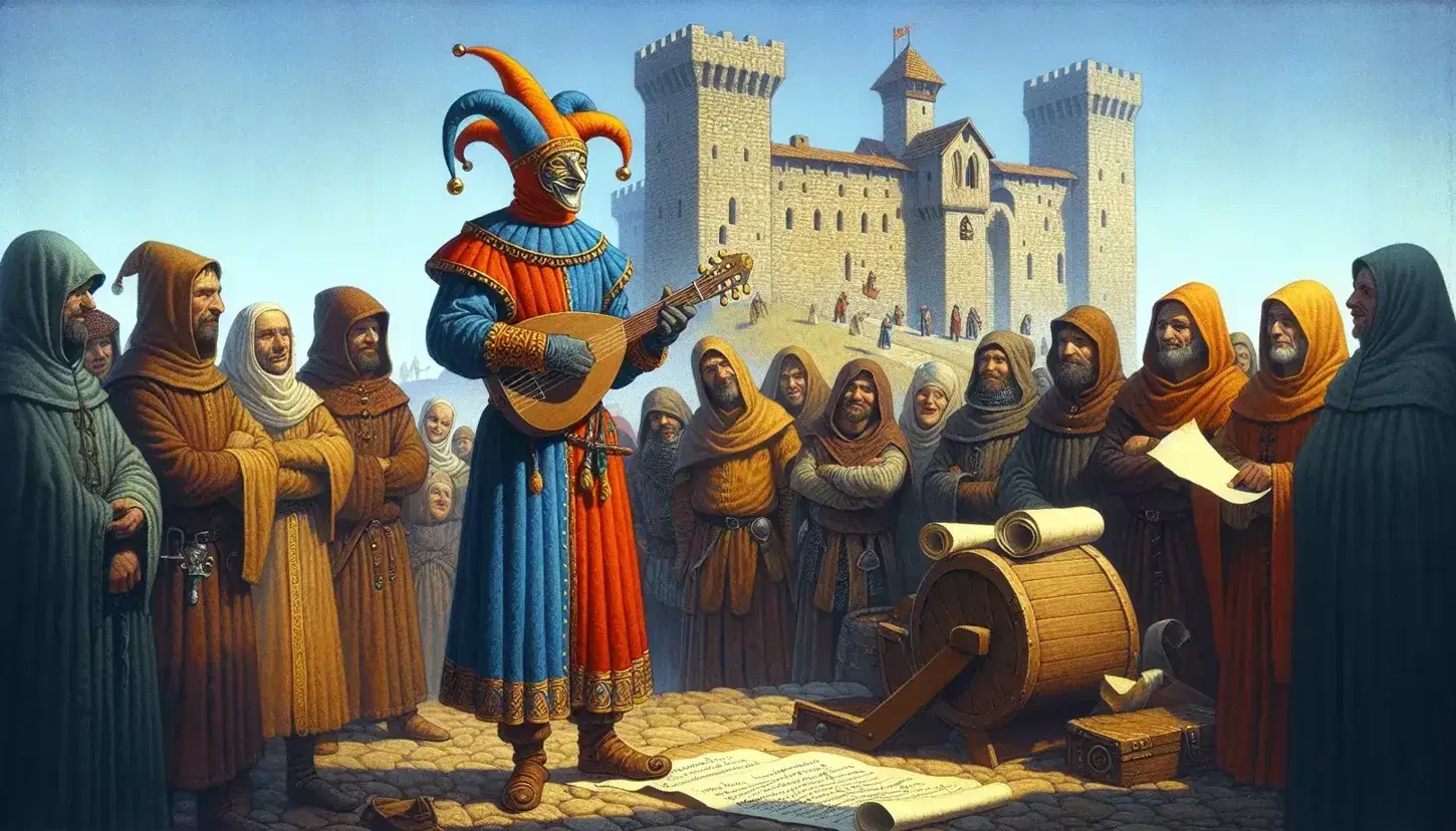 Bufón medieval tocando un laúd para un grupo de aldeanos frente a un castillo de piedra bajo un cielo azul despejado, con un pergamino en primer plano.
