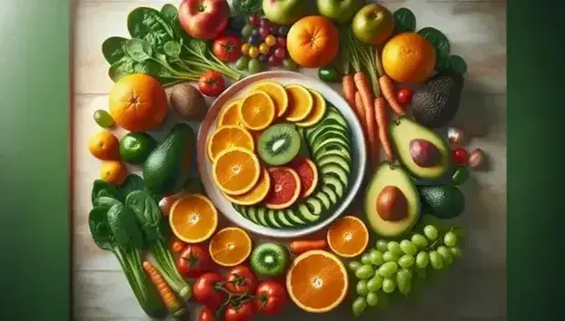 Variedad de frutas y verduras frescas en superficie de madera, con plato de alimentos cortados, naranjas en espiral, uvas verdes, espinacas, tomate, aguacate y zanahoria en rodajas.