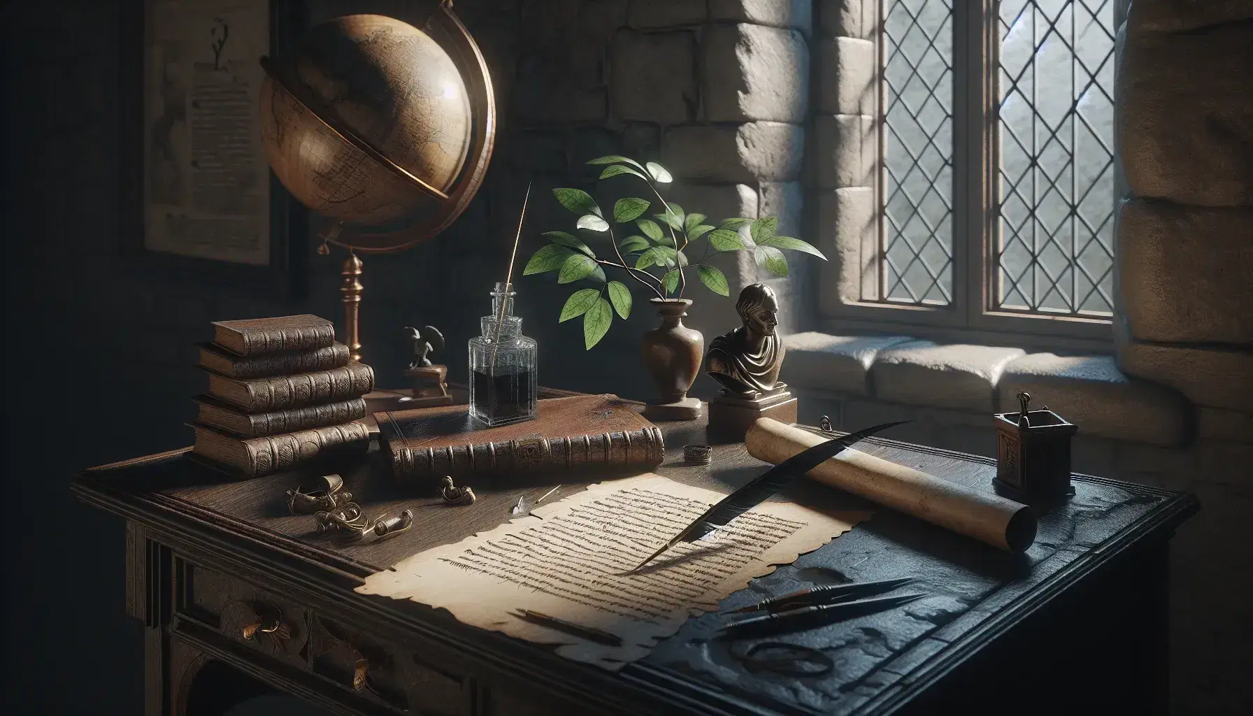 Scrivania medievale in legno scuro con penna d'oca, calamaio, pergamena, libro aperto, statuetta in bronzo e globo in una stanza con pareti di pietra.