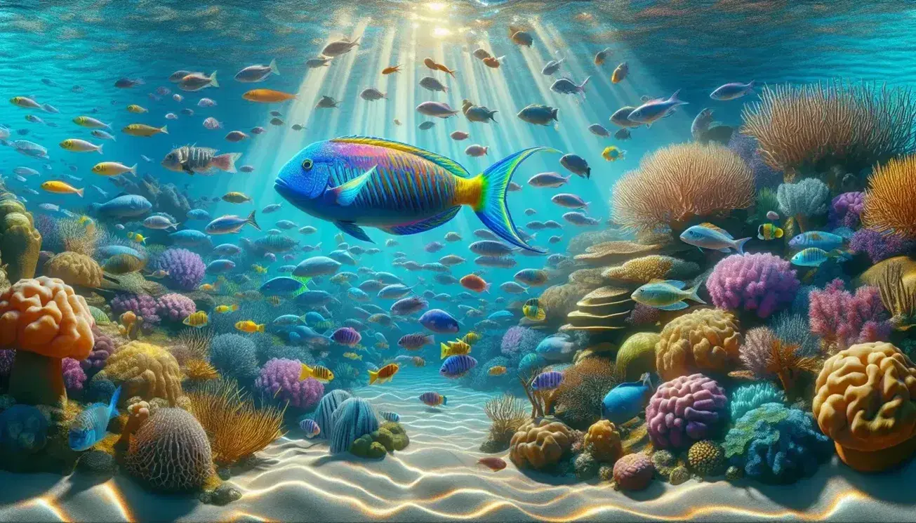 Pez colorido de tonos azul eléctrico y amarillo intenso nadando en primer plano con cardumen de peces plateados y arrecife de coral multicolor en el fondo.