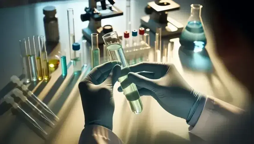 Manos con guantes azules claros manipulan un tubo de ensayo con líquido verde en un laboratorio equipado con pipetas, microscopio y centrifugadora.