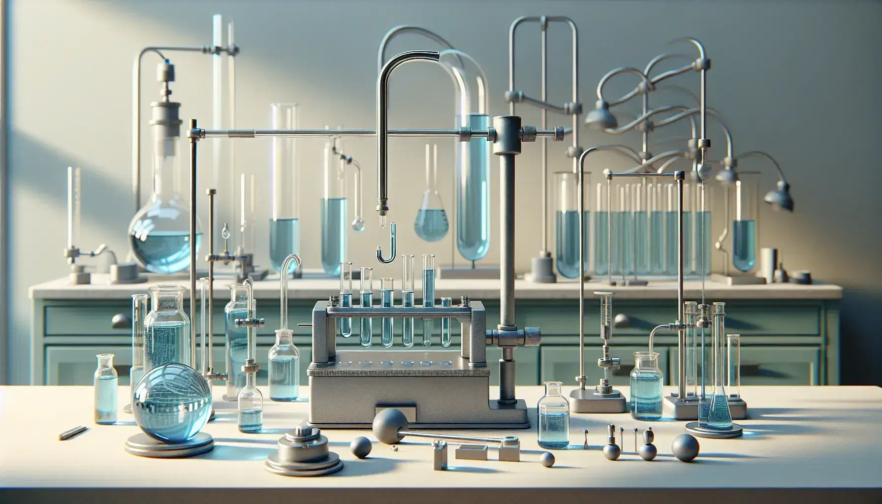 Laboratorio de física con equipo hidráulico, incluyendo un manómetro en U con líquido azul, cilindro de presión, bomba metálica y balanza hidrostática con pesas.