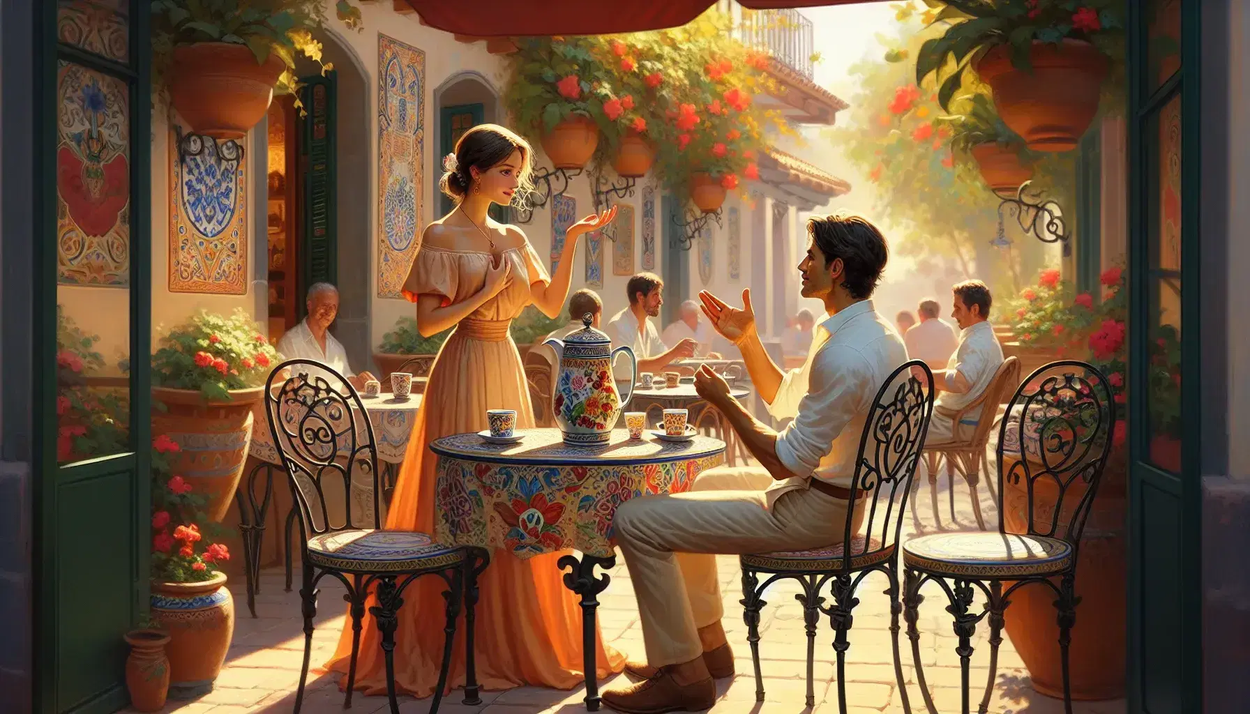 Traditional Spanish café scene with a woman in a peach dress and a man in white shirt conversing over a mosaic-tiled table with a floral pitcher and terracotta cups.