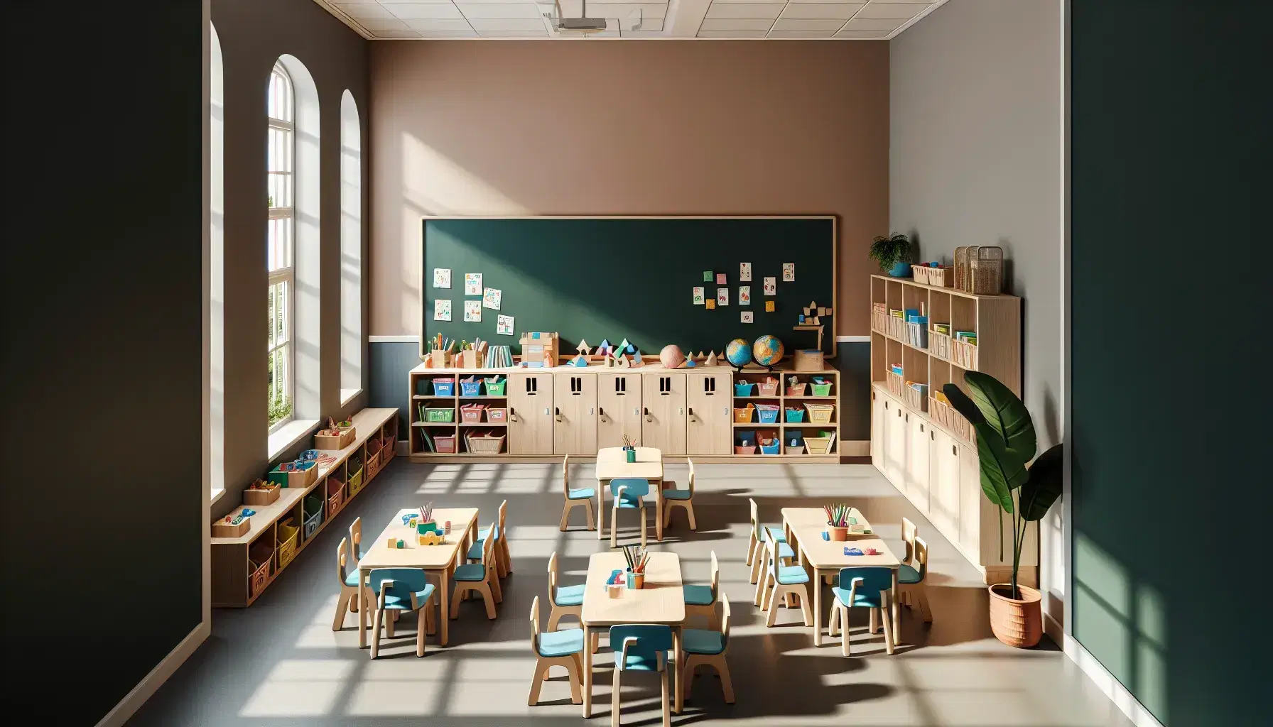 Aula de primaria con mesas agrupadas, sillas azules, pizarra verde, estanterías con libros y objetos didácticos, planta y globo terráqueo.