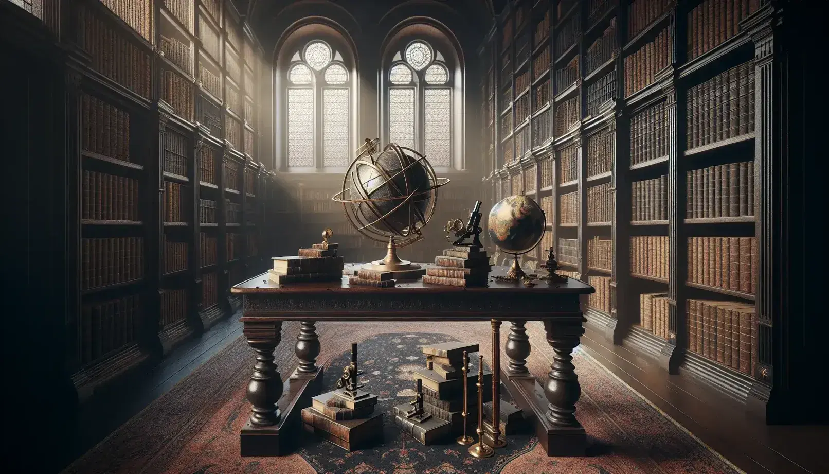 Biblioteca antigua con estantes de madera oscura repletos de libros, mesa central con esfera armilar, globo terráqueo y microscopio de latón, ventana arqueada y alfombra persa.