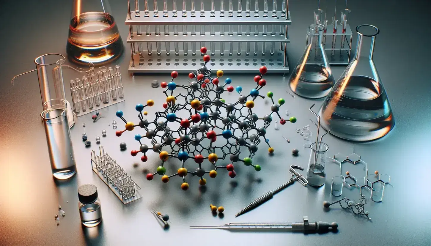 Modello molecolare colorato di una proteina con sfere e bastoncini su tavolo da laboratorio, affiancato da provetta, pipetta e piastra di elettroforesi.