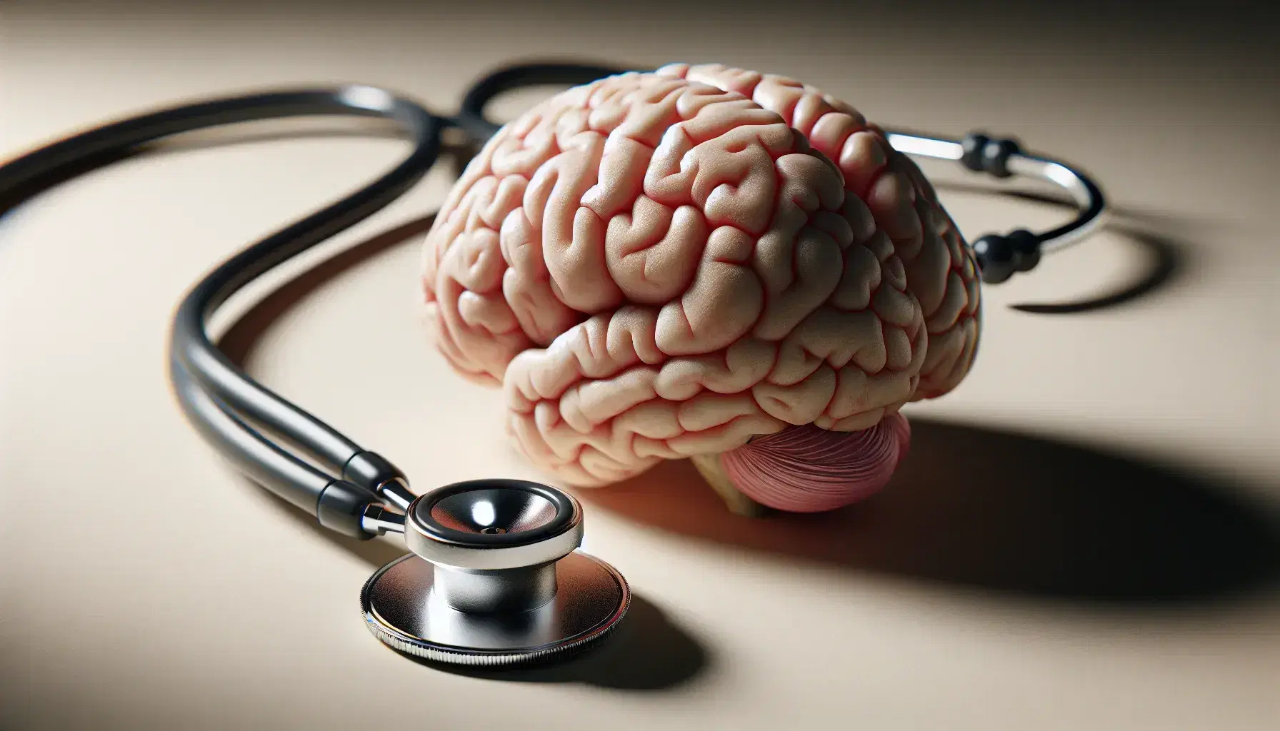 Detailed model of human brain with surface of visible sulci and gyri and black stethoscope placed on temporal lobe on neutral background.