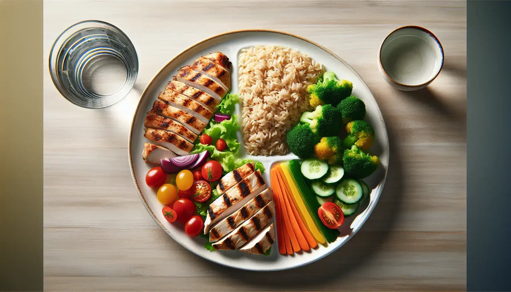 Round plate with balanced meal: grilled chicken breast, brown rice, steamed vegetables and mixed salad, with glass of water and cutlery.