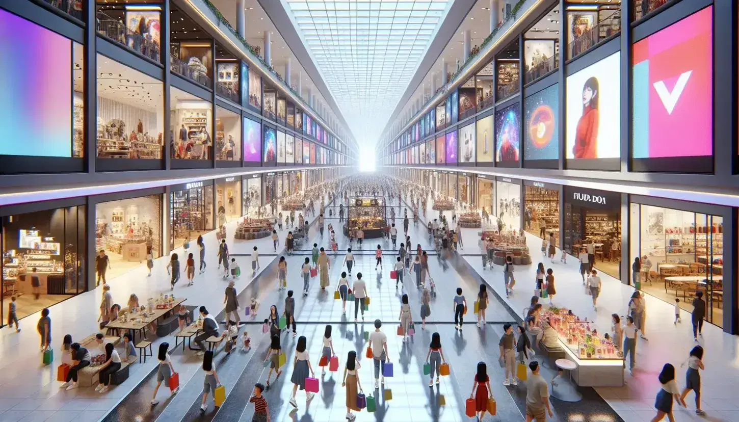 Crowded shopping mall interior with diverse shoppers carrying bags, storefronts displaying merchandise, digital ads, and a busy food court under skylights.