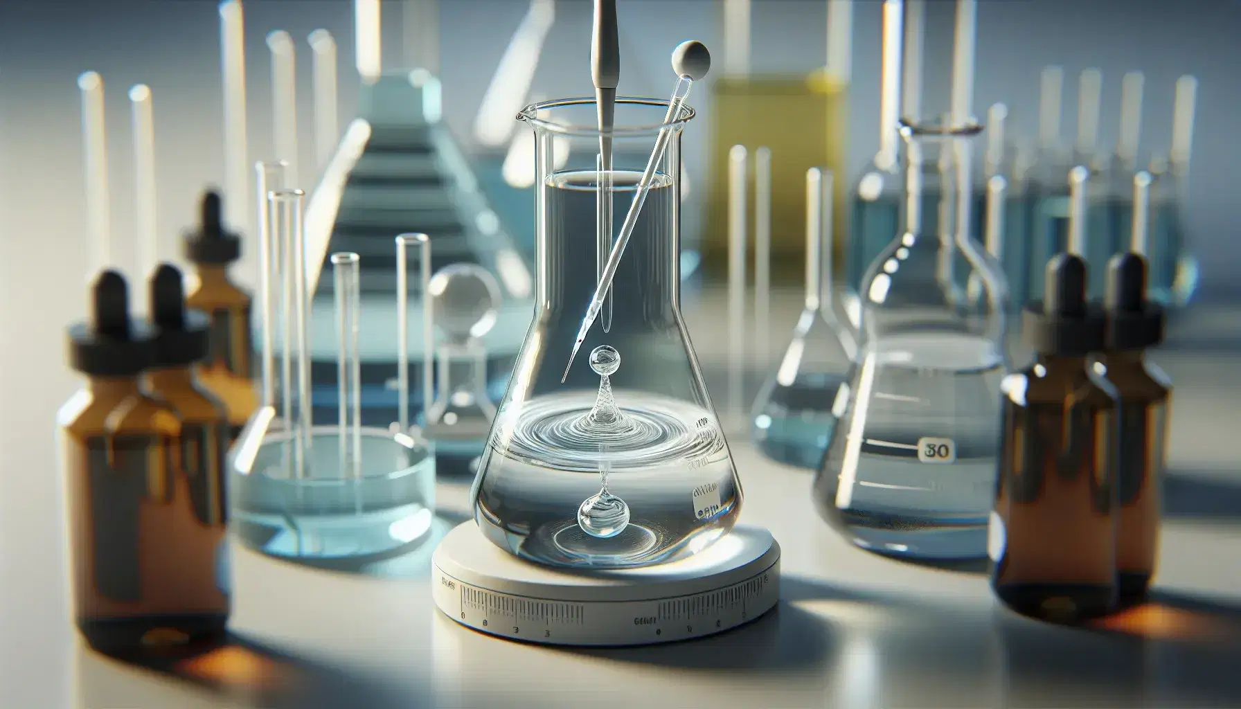 Laboratory with flask on magnetic stirrer and mixing bar, pipette with suspended drop and containers with colored liquids in the background.