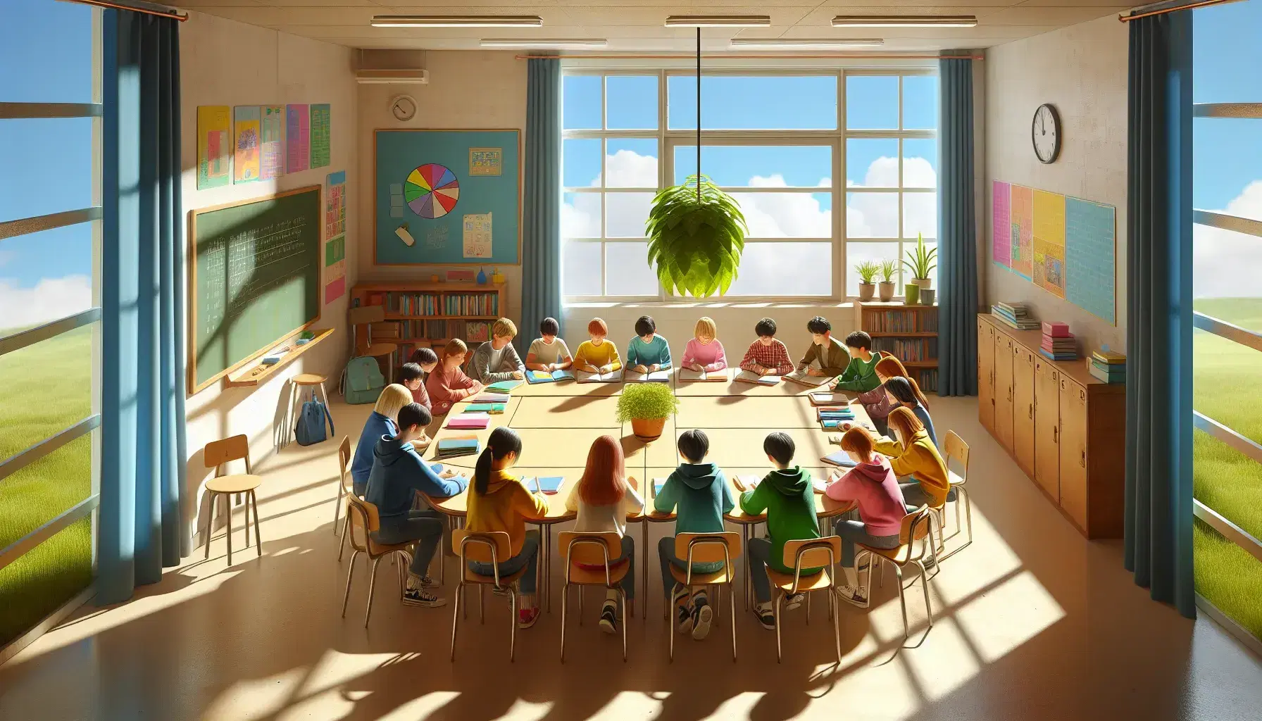 Aula scolastica colorata con studenti concentrati intorno a un tavolo ovale, finestra aperta, pianta verde, lavagna vuota e materiale didattico.
