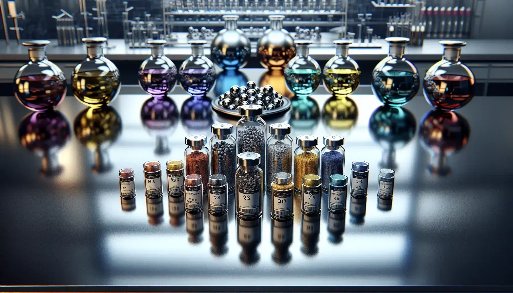 Laboratory with samples of colored transition metals in test tubes on steel bench, flasks with metal solutions and blurred figure in background.