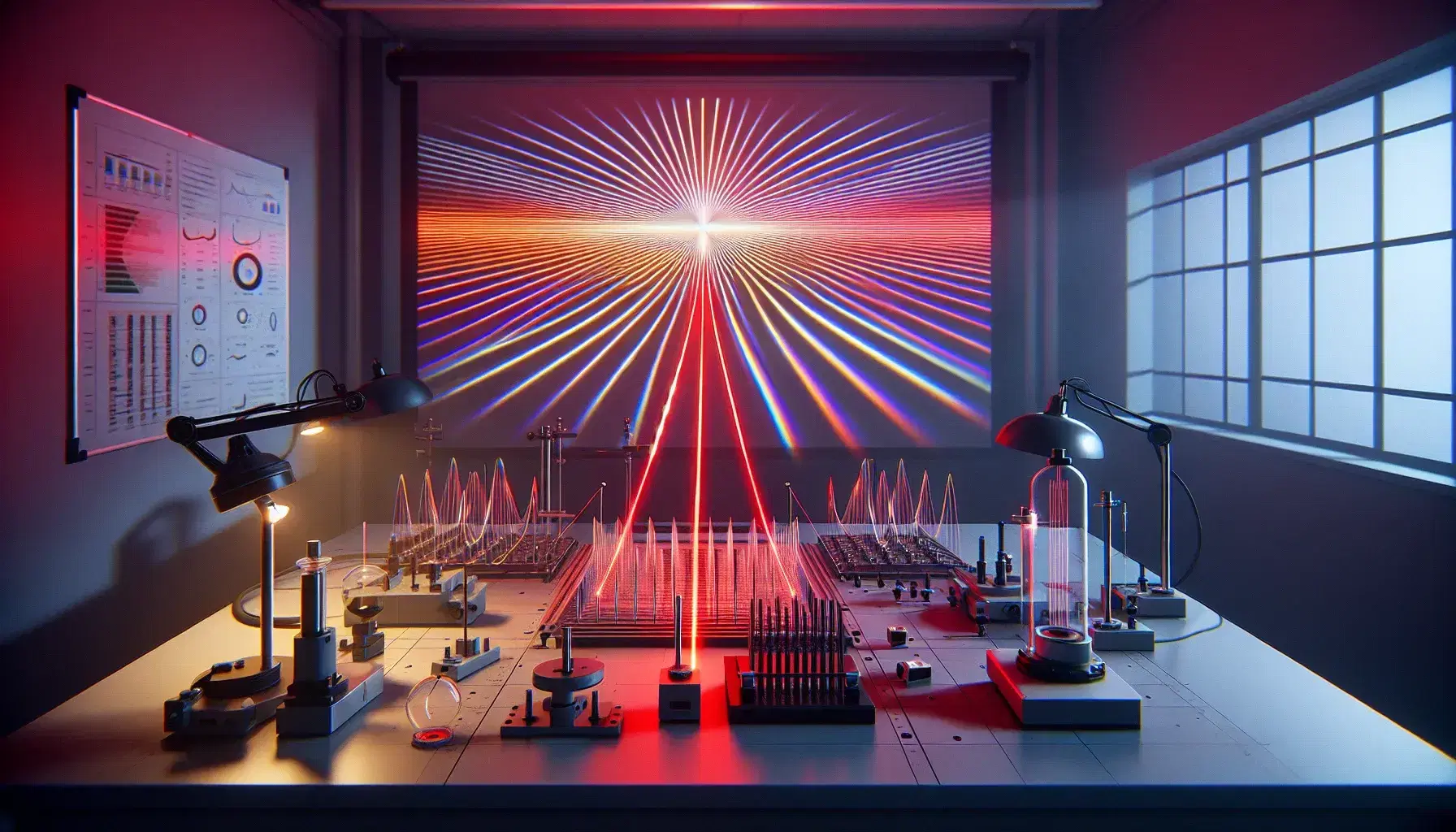 Laboratorio scientifico con raggio laser rosso visibile attraverso la nebbia, che colpisce una doppia grata di diffrazione e crea un pattern di interferenza su uno schermo.