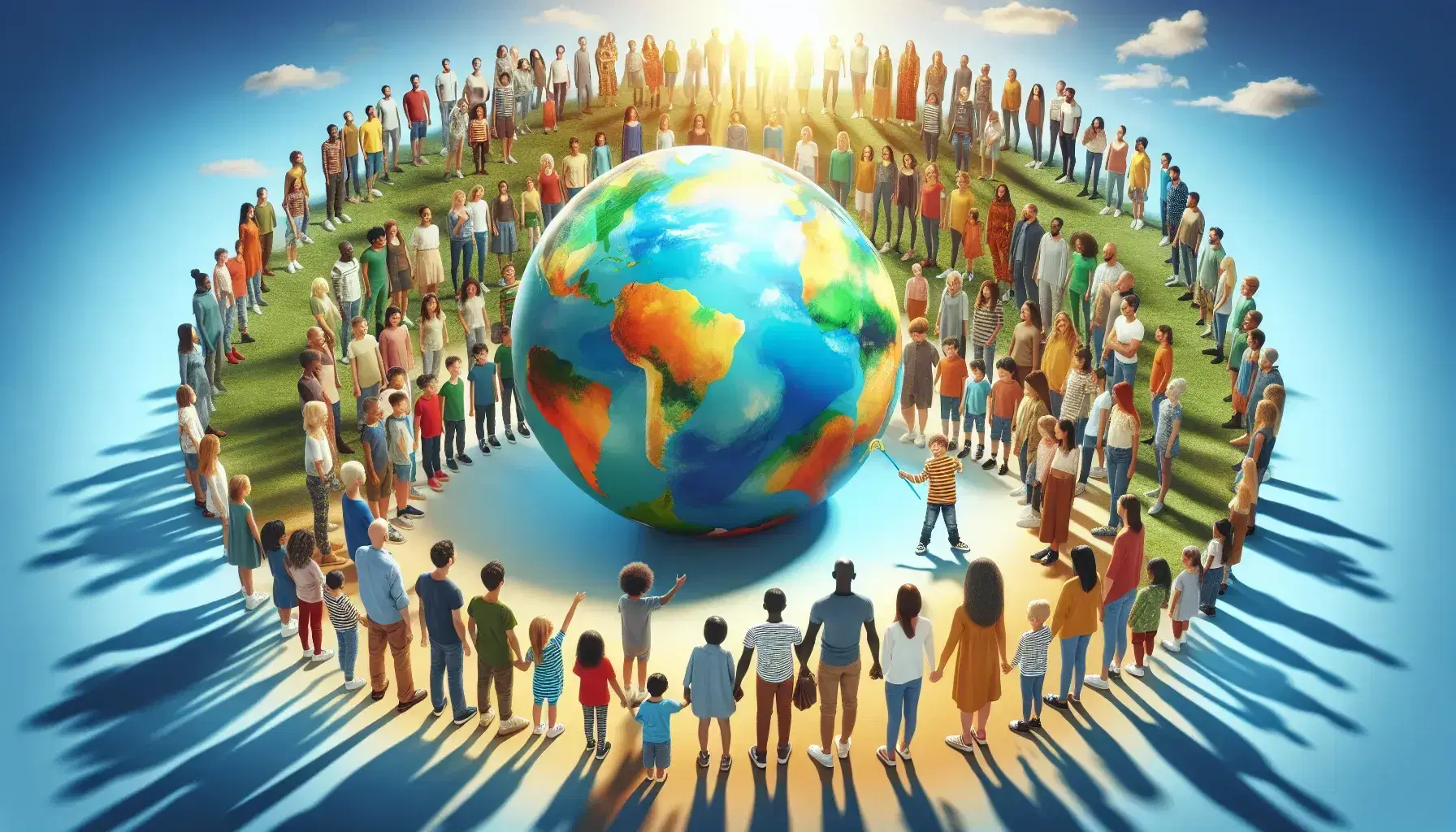 Grupo diverso de personas sonriendo alrededor de un niño que sostiene un globo terráqueo inflable bajo un cielo despejado, simbolizando unidad y diversidad.