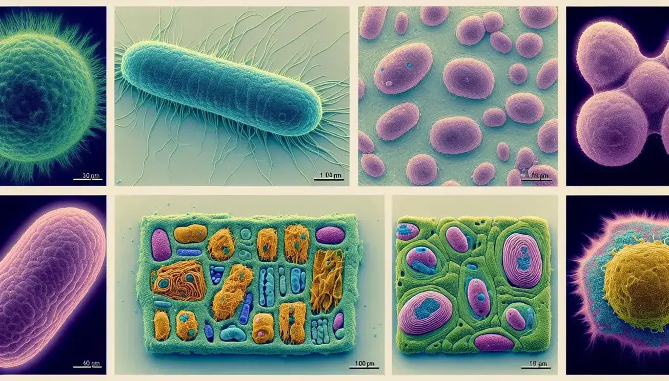 Collage microscopico a falsi colori mostra differenze tra cellule: batterio procarionte azzurro, cellula animale eucarionte rosa, cellula vegetale giallo-verde, cellula animale arrotondata.