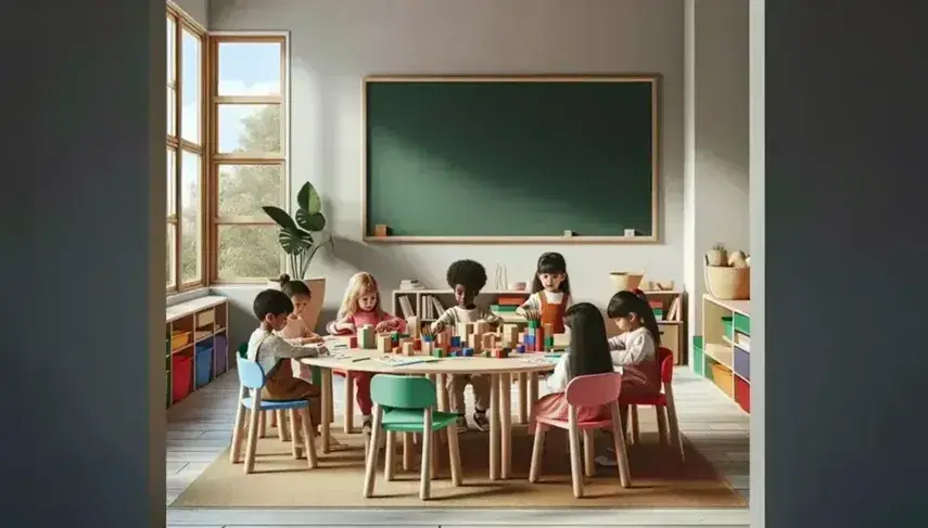 Aula luminosa con niños de diversas etnias interactuando, algunos construyen con bloques de madera y otros dibujan, rodeados de sillas de colores y una pizarra verde al fondo.