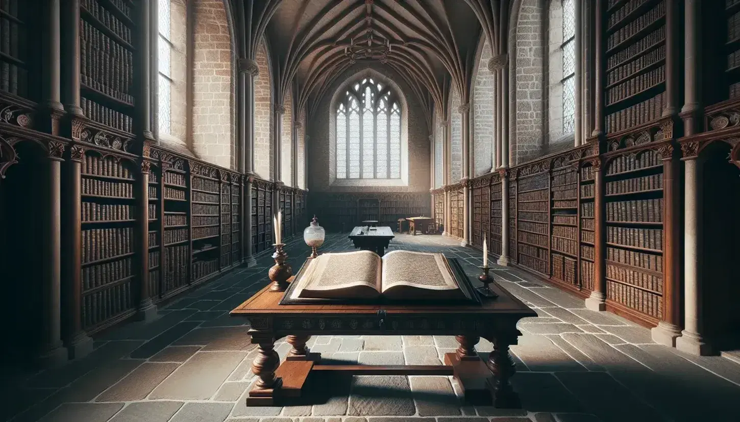 Medieval monastery library with arched ceilings, stone walls, tall windows, wooden bookshelves filled with leather-bound books, and a central oak table with an open parchment book, inkwell, and quill.