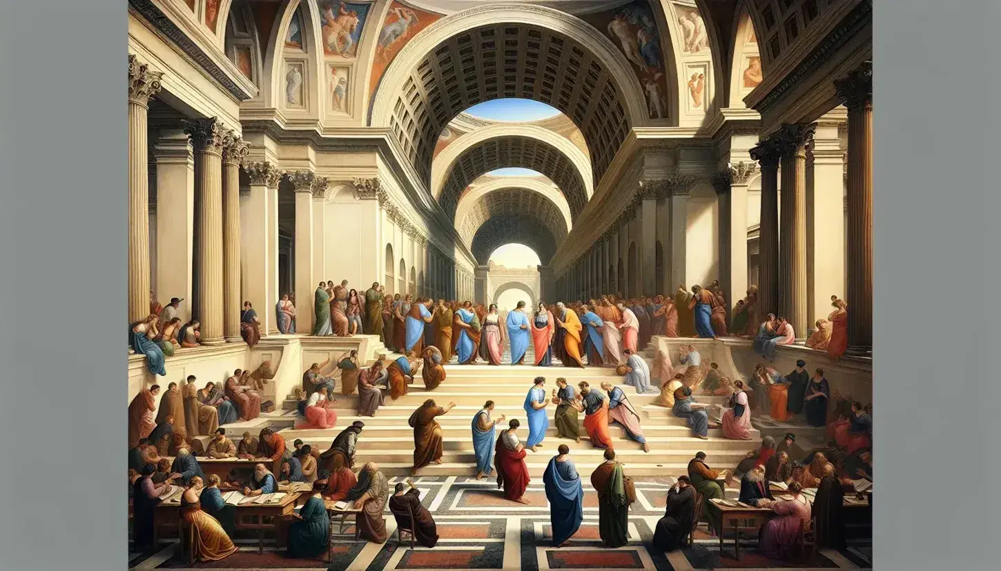 Raffigurazione de 'La Scuola di Atene' di Raffaello con filosofi antichi in dialogo in un'architettura classica, dominata da tonalità calde e giochi di luce.