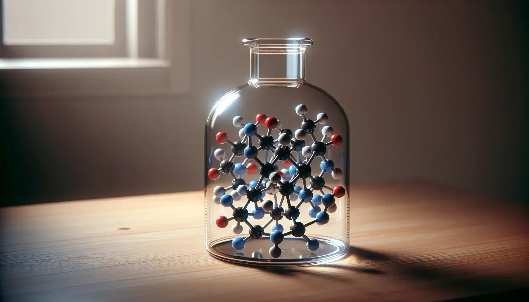 Colorful molecular model in a glass flask on laboratory bench, with spheres representing atoms bound by gray sticks.