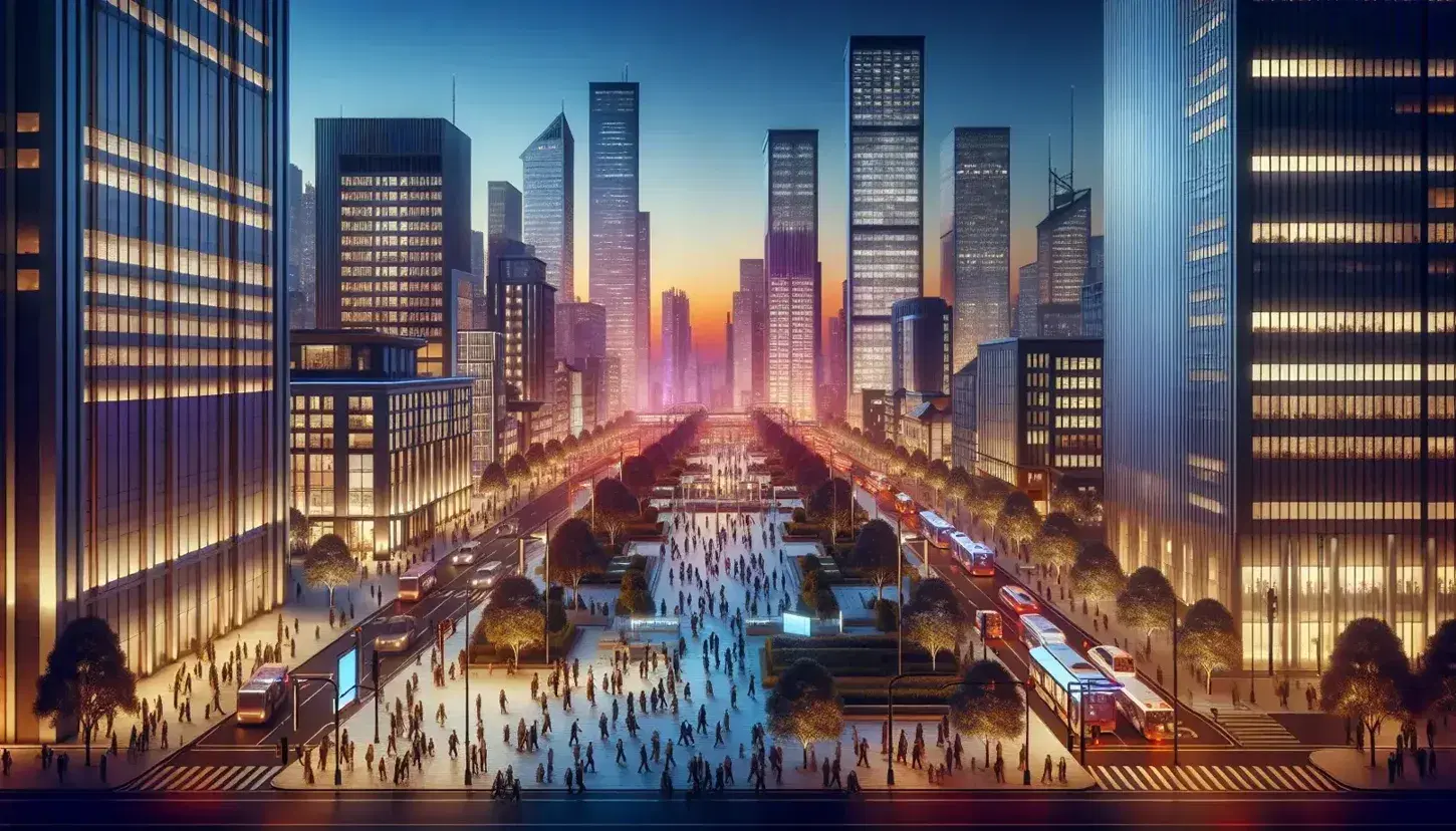 Urban financial district at dusk with skyscrapers reflecting the sunset, people and traffic on tree-lined streets, starry sky.