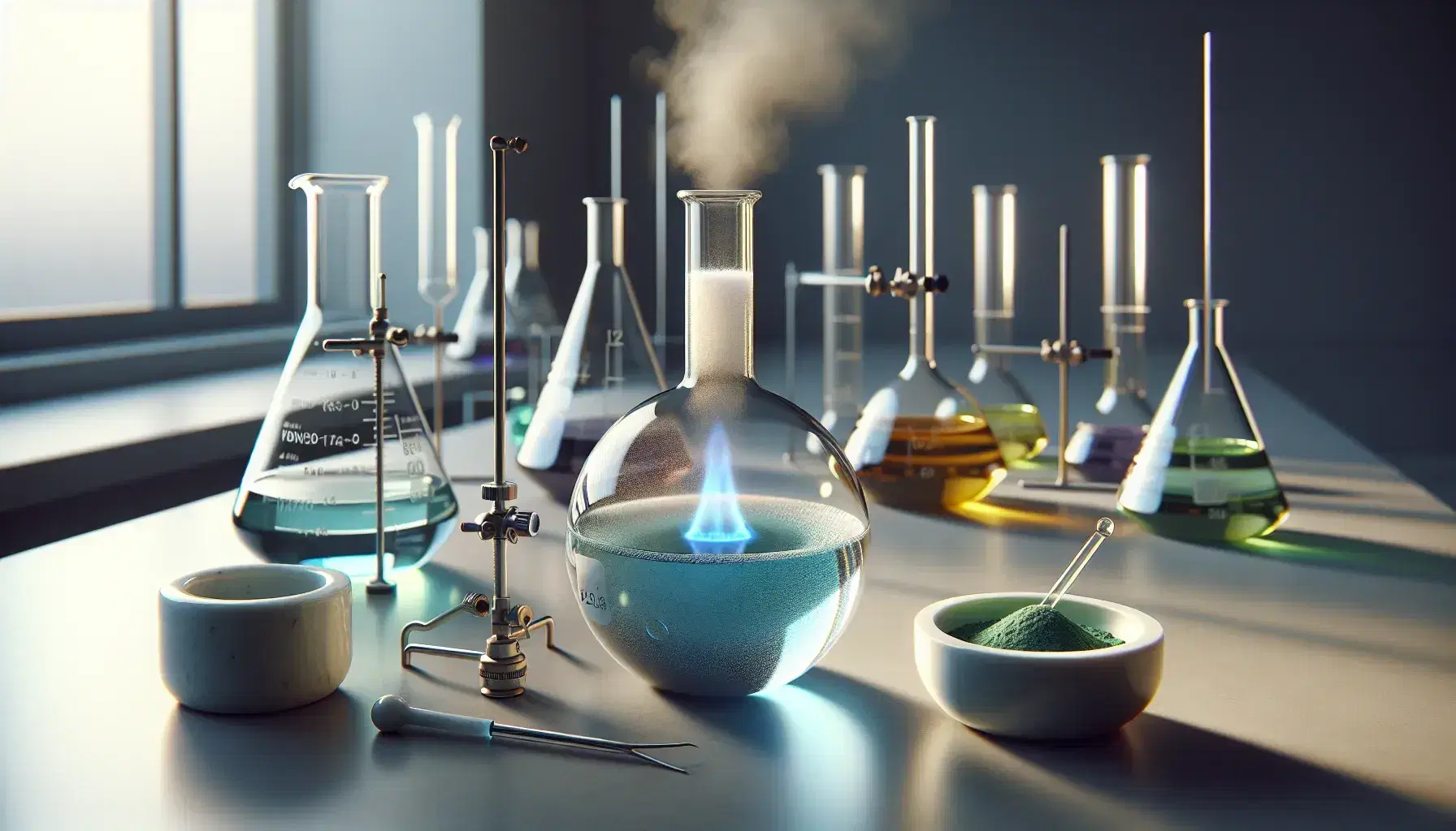 Chemical experiment in laboratory with blue Bunsen flame under flask with blue liquid, mortar with green powder and beaker with clear liquid.