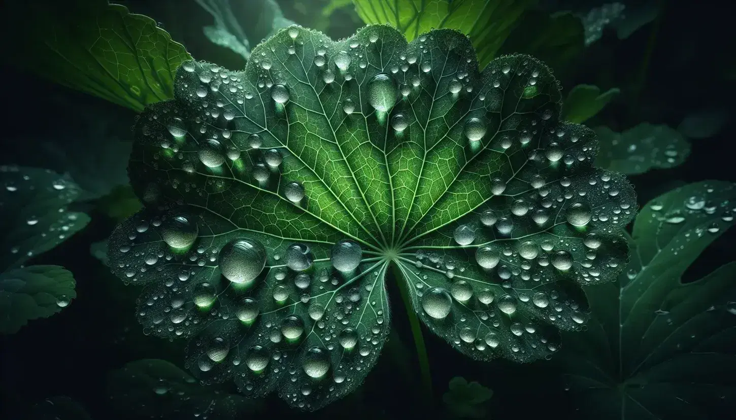 Gocce d'acqua di varie dimensioni su foglia verde lucida con venature evidenti, riflesso luminoso e sfondo sfocato naturale.