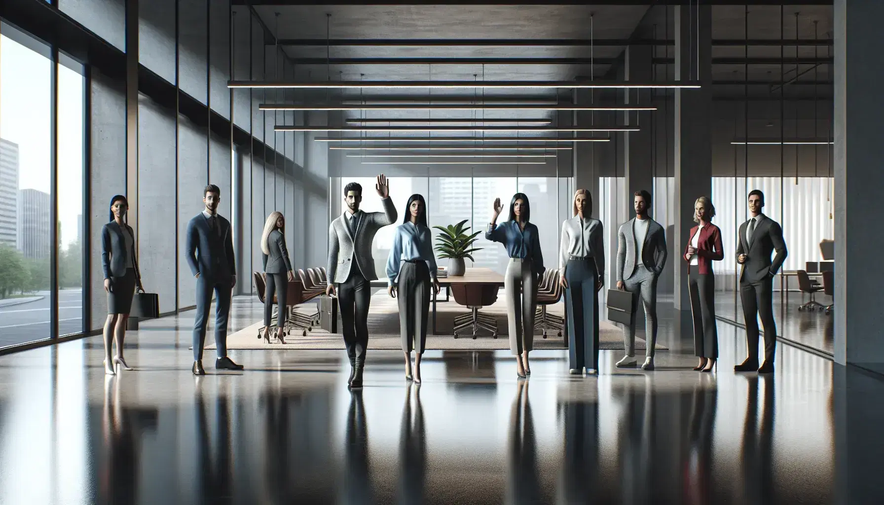 Grupo diverso de profesionales en oficina moderna con mujer saludando, hombres y mujeres en traje, sala de reuniones al fondo y planta verde.