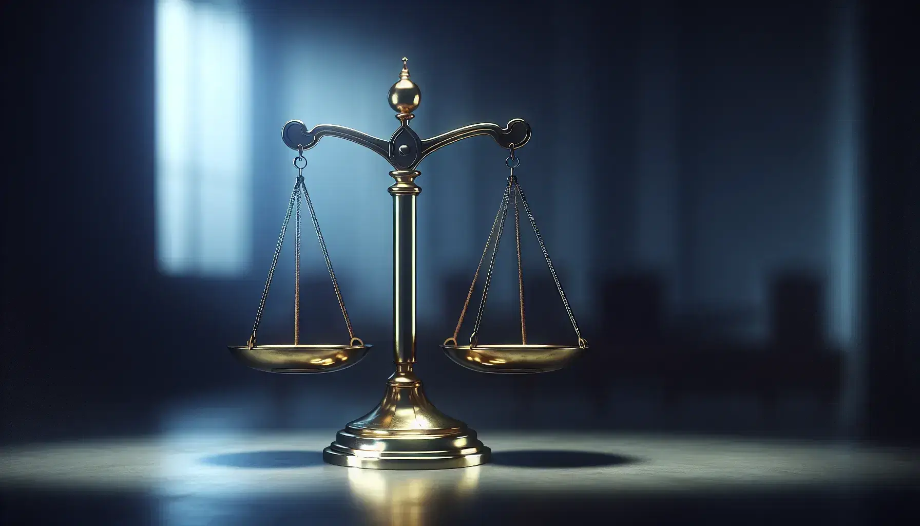 Balanza de la justicia equilibrada en metal brillante, con fondos difuminados en tonos azul-gris, simbolizando la imparcialidad y el derecho.