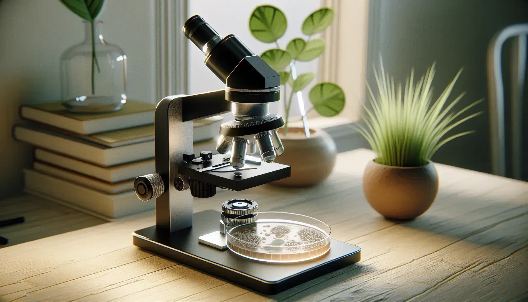 Microscopio ottico nero e argento su tavolo in legno chiaro con vetrino e tessuto biologico illuminato, piatto Petri con colonie batteriche e pianta verde.