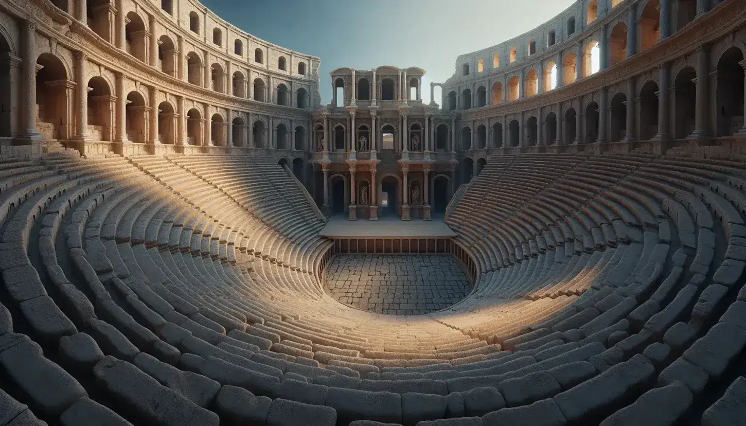 Teatro romano antico con gradinate concentriche in pietra, orchestra semicircolare e palcoscenico con colonne, sotto cielo azzurro.