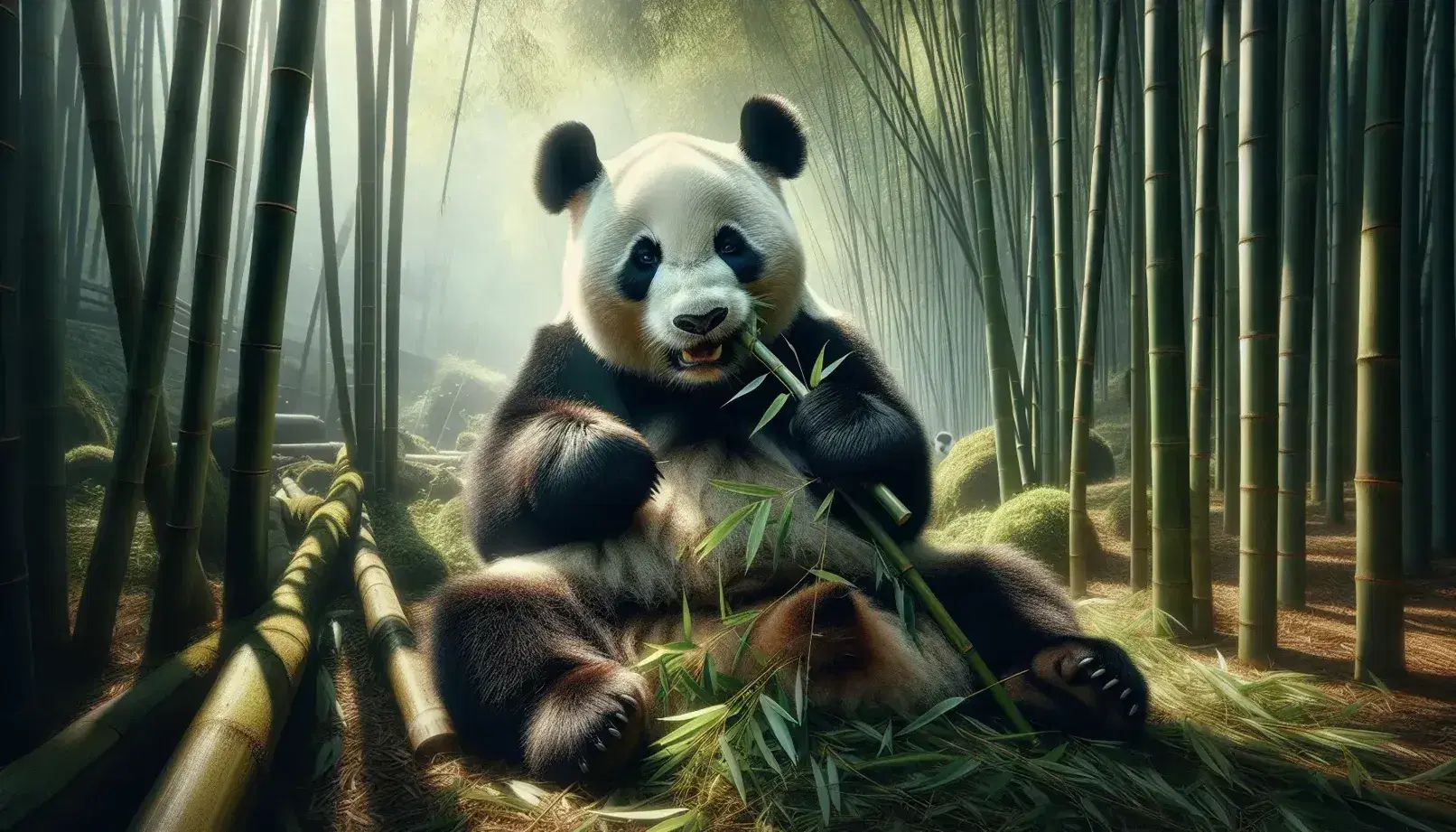 Panda gigante sentado masticando bambú en su hábitat natural, con pelaje blanco y manchas negras, rodeado de vegetación verde y luz solar filtrada.