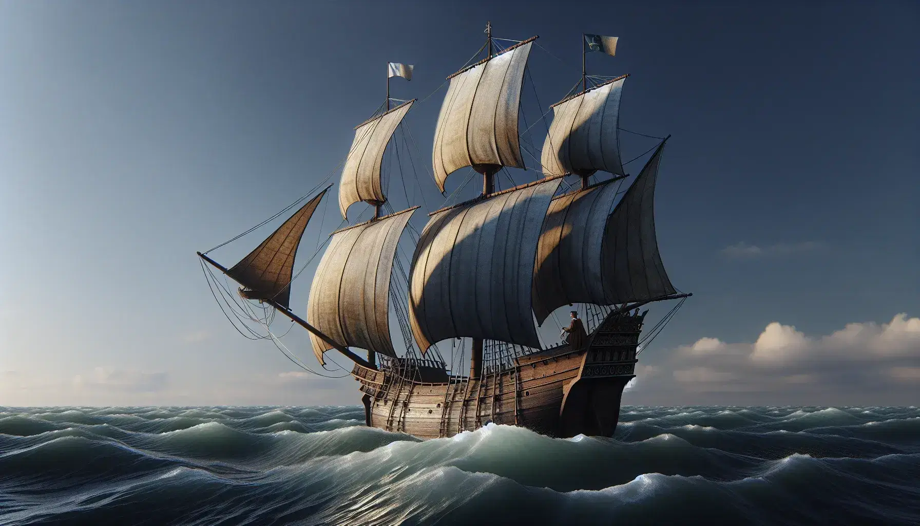 Caravella del XV secolo naviga in mare aperto con vele quadre al vento, marinaio in prua e cielo sereno.