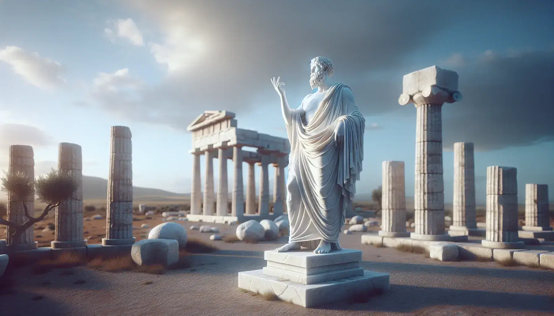 Statua marmorea di filosofo antico in posa pensierosa su piedistallo, con sfondo di rovine greche, ulivi e cielo azzurro.