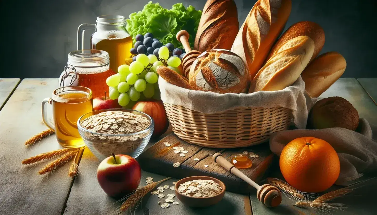 Variedad de alimentos frescos en una mesa de madera con panes en cesta, avena en bol, uvas verdes, manzana roja, rodajas de naranja y miel, rodeados de vegetales verdes.